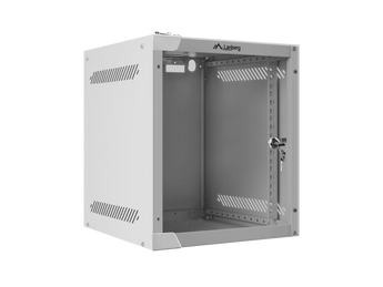 Lanberg WF10-2306-10G: bastidor mural 10” 6U, 280×310 mm, flat pack, porta vidro temperado 5 mm, carga 20 kg, IP20. Cor cinza. Acessórios incluídos.