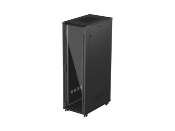 Lanberg FF01-6042-12B: armário rack 19″ 42U, 600×1000 mm, porta de vidro e painel com 6 ventiladores. Carga estática até 800 kg. Flat Pack.