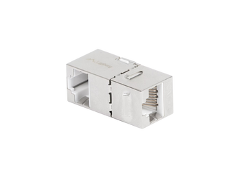 Conector de passagem Keystone RJ45-RJ45 Cat. 6 S/FTP (90 graus) da Lanberg (KSF6-3090). Construção metálica blindada, ideal para patch panels e calhas.