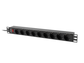 PDU Lanberg PDU-09F-0300-BK: 19" 1U, 9 tomadas Schuko, 16A/4000W, interruptor integrado e corpo em alumínio anodizado. Ideal para distribuição de energia em bastidores.