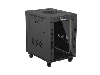 Lanberg FF01-6815-12BL: bastidor 19" 15U 600×800 mm, porta vidro temperado 215°, painel LCD, 4 ventiladores, termostato, 1200 kg, rodas, flat pack, RAL9004.