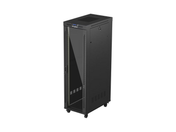 Lanberg FF01-6042-12BL: bastidor 19″ 42U, 600×1000 mm, carga estática de 1200 kg, vidro temperado, 6 ventiladores, termostato e LCD. Auto-montagem.