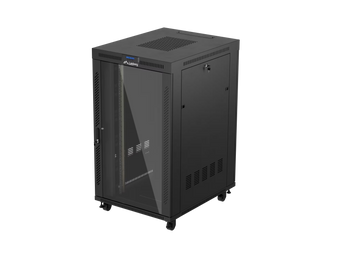Lanberg FF01-8027-12BL: armário rack 19″ 27U, 800×1000 mm, vidro temperado, LCD, termóstato e painel com 6 ventiladores. Flat Pack.