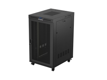 Armário Bastidor de Chão Lanberg FF01-8027-23BL. Formato 19", 27U e 800x1000mm. Portas perfuradas, capacidade até 1200kg, termóstato e painel LCD incluídos.