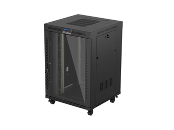 Lanberg FF01-8822-12BL: armário rack 19″ 22U, 800×800 mm, vidro temperado, LCD, termóstato e painel com 4 ventiladores. Flat Pack.