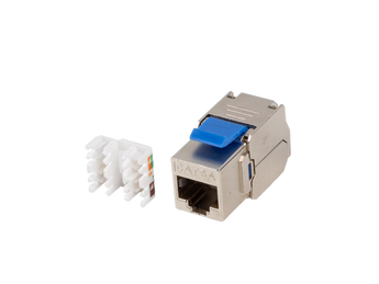 Módulo keystone Lanberg KSFA-3000, RJ45 Cat.6A S/FTP com instalação sem ferramentas, suporte PoE/PoE+/UPoE até 57V. Ideal para redes de alto débito e maior consumo.