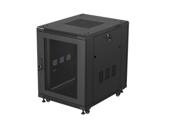 Armário Rack de pé livre Lanberg 15U (600x800mm) em preto. Suporta carga até 800kg, com portas perfuradas, kit de 4 ventiladores, fechaduras e rodízios.