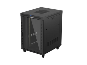 Lanberg FF01-8022-12BL: armário rack 19″ 22U, 800×1000 mm, vidro temperado, LCD, termóstato e painel com 6 ventiladores. Automontagem.