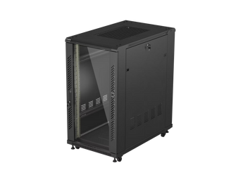 Armário Lanberg FF01-6022-12B de 19″, 22U e 600×1000 mm. Porta em vidro, carga estática de 800 kg, 6 ventiladores e montagem Flat Pack.