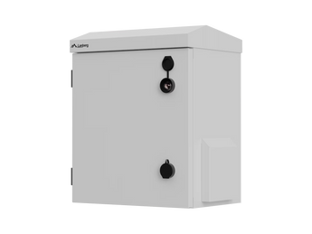 Lanberg WAH1-3240-00S: armário rack 10″ montado, IP55 e IK10, 320×220×400 mm, cinzento RAL 7035, com prateleira e acessórios para parede e poste.