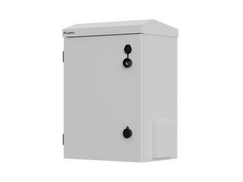 Lanberg WAH1-3450-00S: armário rack 10″ montado, IP55 e IK10, 340×250×500 mm, cinzento RAL 7035, com prateleira e acessórios para parede e poste.