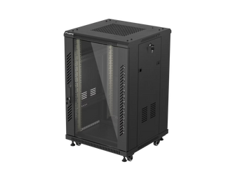 Bastidor de chão Lanberg FF01-6618-12B, 19" 18U, 600x600mm, porta em vidro temperado e carga até 800 kg. Solução compacta e robusta para salas técnicas.