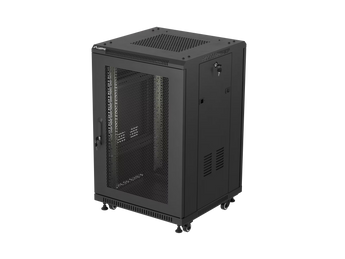 Bastidor de chão Lanberg FF01-6618-23B, 19" 18U, 600x600mm, porta perfurada e carga até 800 kg. Solução compacta e robusta para salas técnicas.
