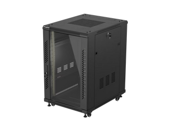 Bastidor de chão Lanberg FF01-6818-12B, 19" 18U, 600x800mm, porta em vidro temperado e carga até 800 kg. Maior profundidade para equipamento de rede mais comprido.