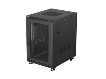 Bastidor de chão Lanberg FF01-6818-12B, 19" 18U, 600x800mm, porta em vidro temperado e carga até 800 kg. Maior profundidade para equipamento de rede mais comprido.