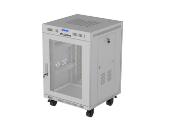 Bastidor de chão Lanberg FF01-6615-23SL, 19" 15U, portas perfuradas (>60%), painel LCD, termóstato e carga até 1200 kg. Ideal para ventilação reforçada.