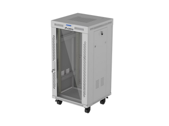 Bastidor de chão Lanberg FF01-6622-12SL, 19" 22U, com painel LCD, termóstato e carga até 1200 kg. Solução reforçada para salas técnicas e centros de dados.