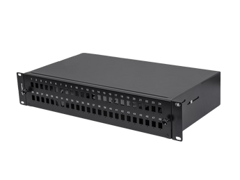 Lanberg FOP1-48SS-LDB: painel de fibra óptica preto, extraível, 19″ 2U, 48 posições SC simplex/LC duplex e 4 tabuleiros de emenda.