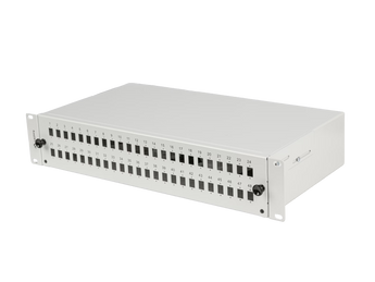 Lanberg FOP1-48SS-LDS: painel de fibra óptica cinzento, extraível, 19″ 2U, 48 posições SC simplex/LC duplex e 4 tabuleiros de emenda.