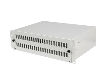 Lanberg FOP1-48SD-LQS: painel de fibra óptica cinzento, extraível, 19″ 3U, 48 posições SC duplex/LC quad e 4 tabuleiros de emenda.