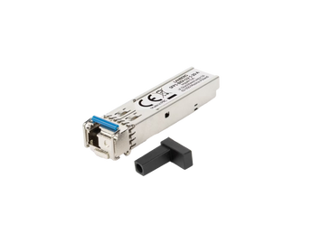 Módulo SFP BIDI Lanberg SFP1-BIDI-LU-1-20-A: 1.25 Gb/s, conector LC/UPC compacto, alcance de 20 km numa única fibra monomodo. Ideal para bastidores de alta densidade.