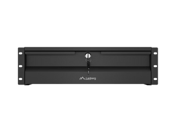 Lanberg AK-2003-B: gaveta bastidor 19" 3U preta, carga 90 kg, profundidade 360–610 mm, montagem 4 pontos, aço RAL9005, 482.6×360×132 mm, 8.3 kg, parafusos M6.