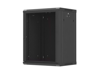 Armário Lanberg WF01-6415-23B mural 19″ 15U, porta perfurada >75%, profundidade útil 393,5 mm e carga estática de 60 kg. Flat Pack preto.