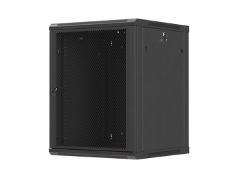 Armário Lanberg WF01-6615-23B mural 19″ 15U, porta perfurada >75%, profundidade útil 543,5 mm e carga estática de 60 kg. Flat Pack preto.