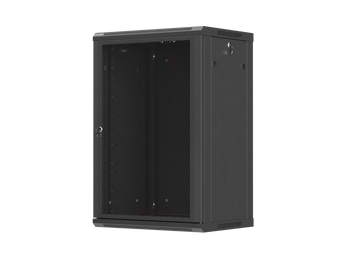 Armário Lanberg WF01-6418-23B mural 19″ 18U, porta perfurada >75%, profundidade útil 393,5 mm e carga estática de 60 kg. Flat Pack preto.