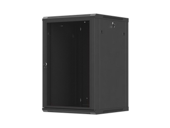 Armário Lanberg WF01-6618-23B mural 19″ 18U, porta perfurada >75%, profundidade útil 543,5 mm e carga estática de 60 kg. Flat Pack preto.