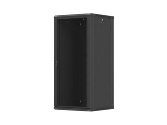 Armário Lanberg WF01-6627-23B mural 19″ 27U, porta perfurada >75%, profundidade útil 543,5 mm e carga estática de 60 kg. Flat Pack preto.