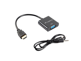 Lanberg AD-0017-BK. Conversor HDMI Macho para VGA Fêmea com saída de áudio Jack 3.5mm. Cabo de 20cm. Resolução até 1920x1200. Conectores banhados a ouro. - AD-0017-BK