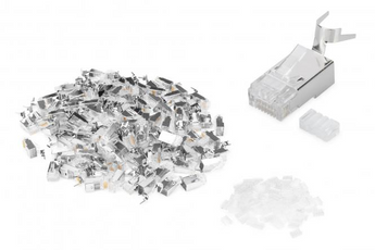 Kit 100 fichas modulares RJ45 (AK-219604-100) da Digitus. CAT 6A, blindadas (STP), para terminação de cabo de instalação (condutor sólido AWG 22-23). 10GbE. - AK-219604-100