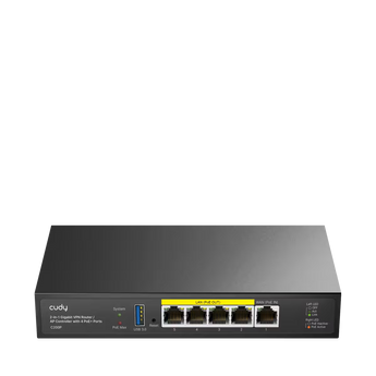 Cudy C200P: router Gigabit e controlador até 200 AP, quatro saídas PoE, USB 3.0, captive portal e VPN. Adaptador de 60 W incluído.
