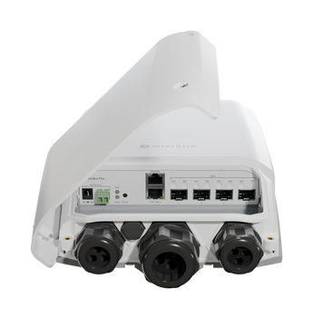 O switch de exterior ideal para redes de fibra. O FiberBox Plus da MikroTik oferece 4 portas 10G SFP+, proteção IP66 e dual-boot (RouterOS/SwOS). - CRS305-1G-4S+OUT