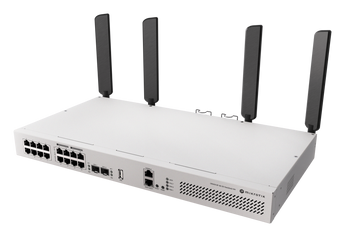 Switch "tudo-em-um" da MikroTik com 16 portas Gigabit (8 PoE+), 2 uplinks 10G SFP+ e Wi-Fi 6 MIMO 4x4. O CRS418 oferece um potente CPU quad-core e RouterOS L5. - CRS418-8P-8G-2S+5AXQ2AXQ-RM