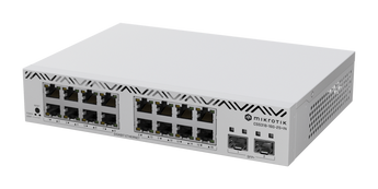 Switch compacto e silencioso (fanless) da MikroTik com 16 portas Gigabit e 2 uplinks 10G SFP+. O CSS318-16G-2S+IN é gerido pelo intuitivo SwOS. - CSS318-16G-2S+IN