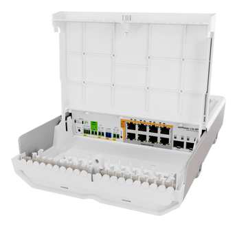 Switch Outdoor Mikrotik netPower Lite 8P (CSS610). 8 portas Gigabit PoE+ (af/at), 2x SFP+ 10G. Caixa IP55. Função UPS com carregador de bateria integrado. SwOS. - CSS610-8P-2S+OUT