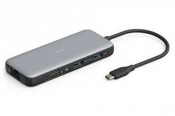 Digitus DA-70915. Hub USB-C 8-em-1. Suporta 2 monitores 4K a 60Hz. 2x USB-A 10Gbps, Ethernet Gigabit, Leitores SD/MicroSD. Power Delivery 100W. Corpo em alumínio. - DA-70915