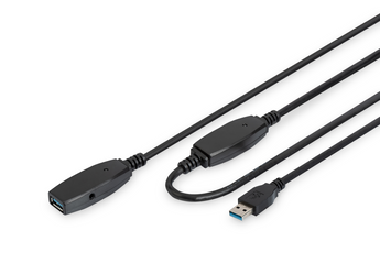 Extensão ativa USB 3.0 de 20 metros da Digitus. Com amplificador de sinal integrado para uma transmissão estável e velocidades até 5 Gbps. - DA-73107