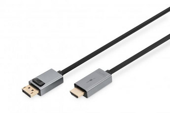 Digitus DB-340202-018-S. Cabo adaptador DP para HDMI Premium. Resolução 4K@30Hz. Revestimento em Alumínio e Malha de Nylon. Suporta Dolby TrueHD e DTS-HD. - DB-340202-018-S