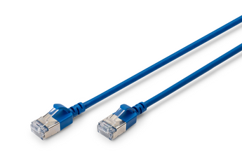 Cabo de rede Cat6A "slim" de 0.3m (azul) da Digitus. Com blindagem F/FTP e design fino e flexível, é ideal para data centers e espaços confinados. - DK-1632-A-003S-B