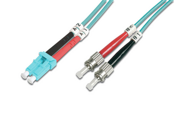 Patch cord de fibra ótica Digitus DK-2531-01/3. Cabo duplex (1m) multimode (OM3) com conectores híbridos LC/ST. Cor Aqua, LSOH e relatório de teste. - DK-2531-01/3