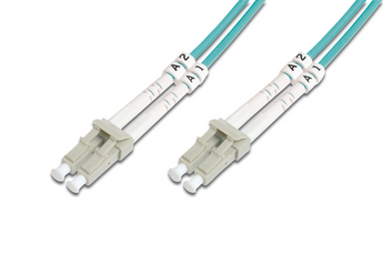 Patch cord de fibra ótica Digitus DK-2533-15/3. Cabo duplex multimode (OM3) de 15 metros com conectores LC/LC, cor aqua e revestimento LSOH. Ideal para 10GbE. - DK-2533-15/3
