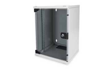 Bastidor rack 9U de parede Digitus DN-10-09U. Formato compacto de 10 polegadas (312x300mm), cor cinzenta (RAL 7035). Porta de vidro, 30kg de capacidade e IP20. Entregue montado. - DN-10-09U