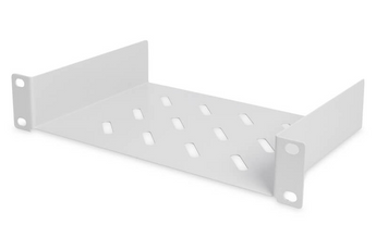 Prateleira fixa 1U Digitus DN-10 TRAY-1. Para racks 10" (254mm). 150mm de profundidade, suporta 25kg. Aço perfurado. Cor cinzenta (RAL 7035). - DN-10TRAY-1