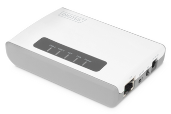Transforme os seus dispositivos USB em dispositivos de rede com o servidor multifunções da Digitus. Funciona como Print Server, NAS e Hub USB sem fios (300 Mbps). - DN-13024