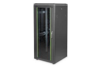 Armário rack 26U (600x600mm) Digitus DN-19 26U-6/6-B-1 (Série Unique). Carga 1200kg, porta de vidro, porta traseira aço. Entregue montado. Preto (RAL 9005). - DN-19 26U-6/6-B-1