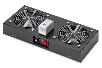Unidade de ventilação de teto para bastidores murais (DN-19 FAN-2-WM-T-SW). 2 ventoinhas, termóstato ajustável (0-70°C), interruptor on/off. Fluxo 4.6 m³/min. Preto. - DN-19 FAN-2-WM-T-SW
