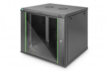 Bastidor rack de parede 9U (600x600mm) Digitus DN-19 09U-6/6-SW (Série Unique). Carga 100kg, porta de vidro, painéis laterais amovíveis. Entregue montado. Preto (RAL 9005). - DN-1909U-6/6-SW